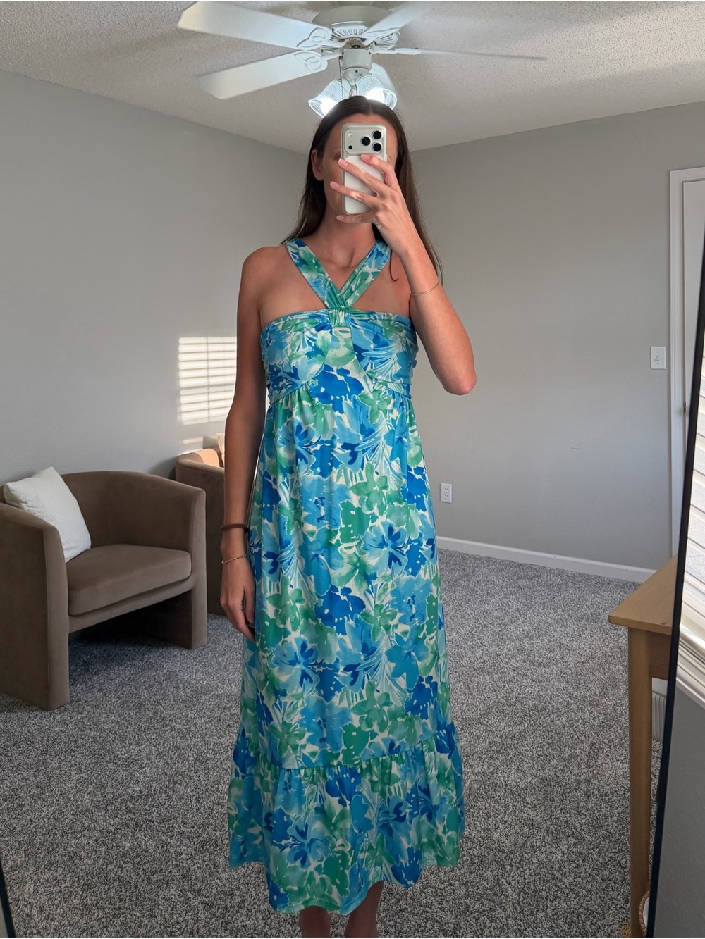 Floral Halter Maxi Dress in Blue & Green
